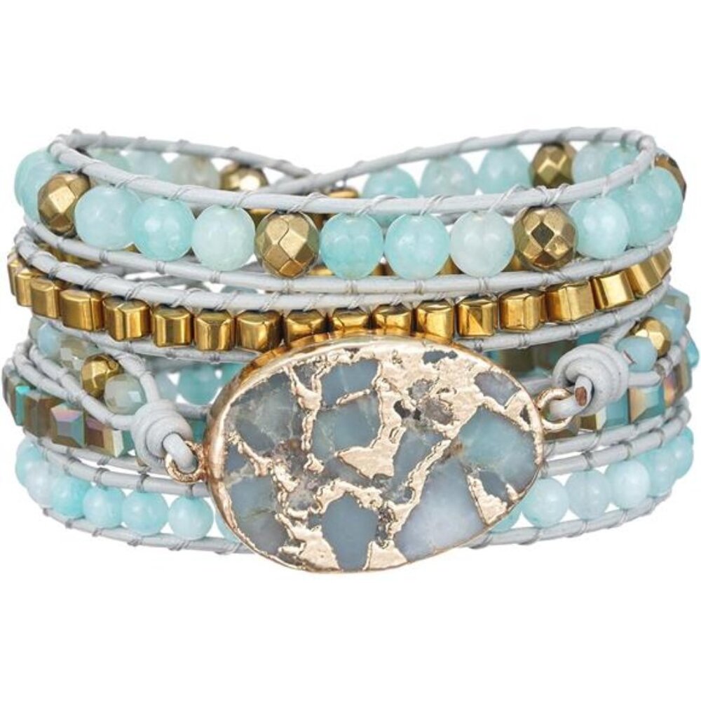 Women Boho Handmade Natural Stone Crystal Leather Bead Wrap Bracelets